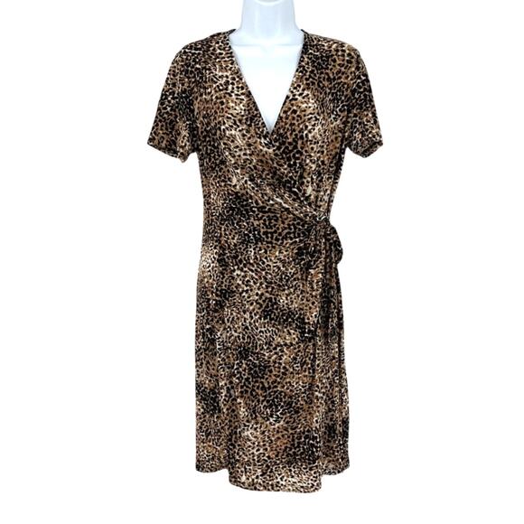 Anne Klein Leopard Faux Wrap Dress 8 Brown Y2K Mob Wife Tie Deep V-Neck Career - Picture 1 of 12